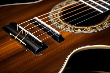 Fototapeta na wymiar Elegant Classic Guitar Captured in a Closeup View: Reflecting Craftsmanship, Design, and Musical Passion