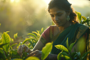 A woman plucking tea leaves from the plantation in the morning  - obrazy, fototapety, plakaty