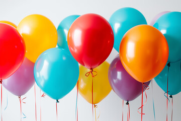 Bright assortment of colorful balloons with elegant ribbons on a clean white background.