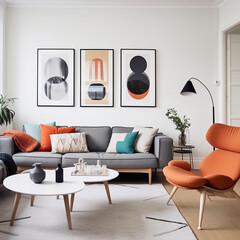 A sleek and stylish Scandinavian living room with pops of color, showcasing the perfect balance between modern design and classic comfort.