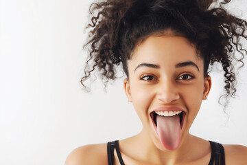 Woman sticking out her tongue on white background.