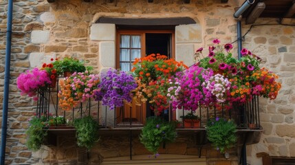 Flowers in Flower pot hanging on on traditional Balcony Fence, Spring Beautiful Balcony Flowers on Sunset