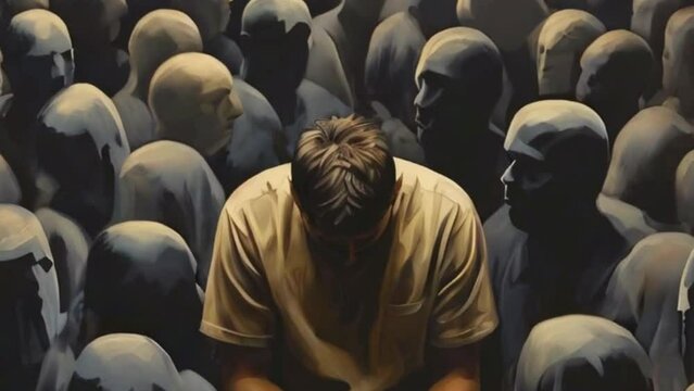 a depressed, sad man lost in his thoughts and crowd of people, psychology concepts of depression, sadness, mental health, overthinking