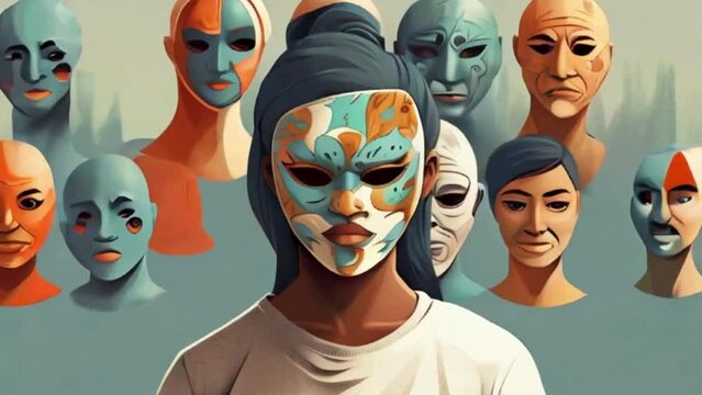 illustration of a person surrounded by many in masks, representing difficulty and challenges of people with multiple personality disorder (MPD), also known as dissociative identity disorder (DID)