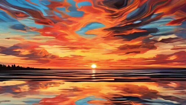 beautiful sunset in the sea, painted on canvas, animated painting, otherworldly scenery
