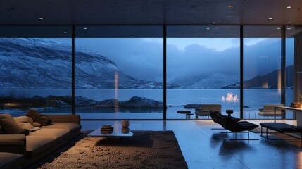 Modern living and dining areas with wide views of the bay and city. Beautiful minimalist white interior at night