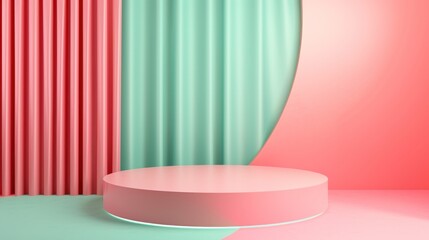 Pink round podium pedestal for display with blue geometric wall. 3D colorful mockup products stage for showcase
