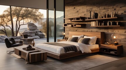 A luxurious bedroom with light ivory bedding and ebony accent wall
