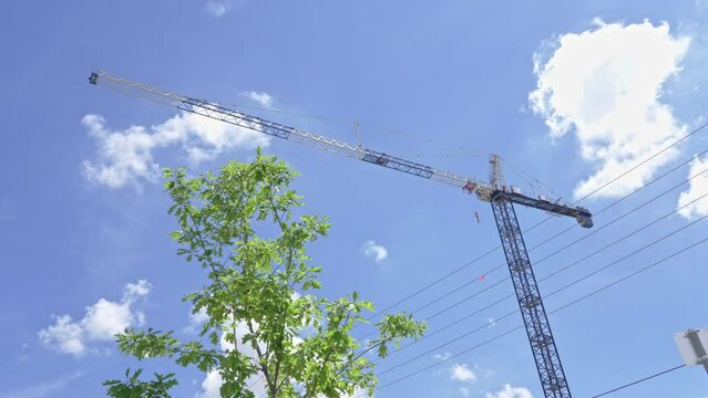 Wide shot of a large crane, not in operation, on a windy day with a blue sky, utility wires and tree leaves in the foreground 