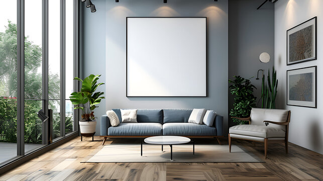 Modern living room interior with blank space and empty frame, generative ai