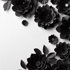 Stylish black paper flowers on black backdrop, suitable for International Women's Day and Mother's Day cards.