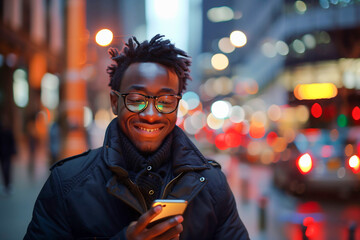 Close-up of a smiling young professional texting on their phone with blurred city lights in the background, Urban life.