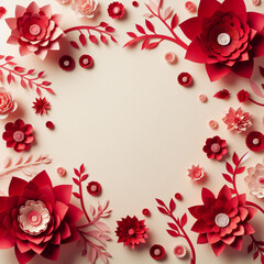 Eye-catching red paper flowers on a delicate pink background. Ideal for Women's Day and Mother's Day celebrations.