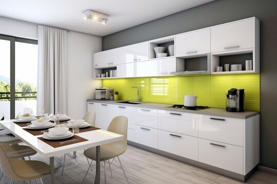 A sleek, contemporary kitchen with a minimalist style, featuring a bright, lime green accent wall against white cabinetry.