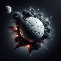 Photo realistic volleyball ball in space with black smoke, explosions, moons in the background, digital art.