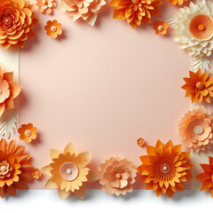 Vibrant orange paper flowers encircle blank white paper, ideal for Women's Day or Mother's Day.