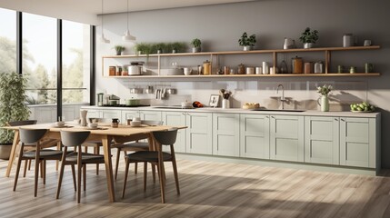 A minimal kitchen with light gray cabinets and minimalist green accents