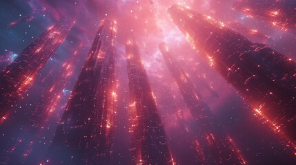 Rows of towering skyscrapers each one adorned with a different digital currency logo extend into the sky in a neverending digital cityscape. A stream of data flows between the