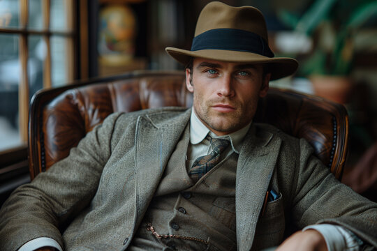 photo of a man wearing fedora hat in vintage wear, retro inspired