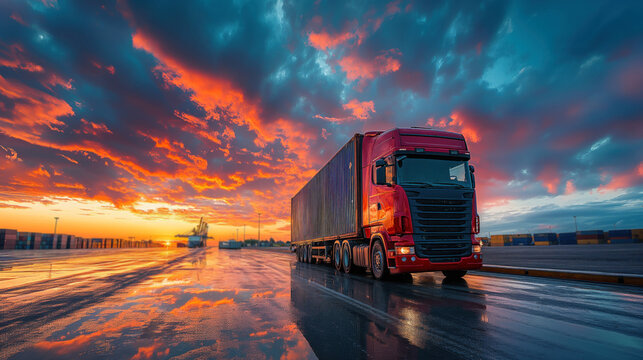 Red semi-truck leaving container port on a wet road under a fiery sunset sky