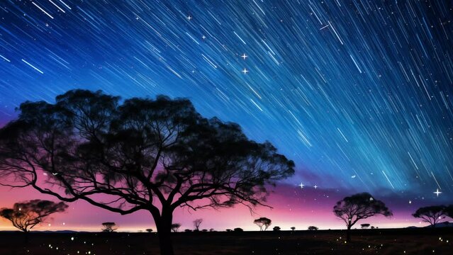 tree silhouette with beautiful sky scene. mesmerizing astrophotography image of galactic sky. seamless looping overlay 4k virtual video animation background 