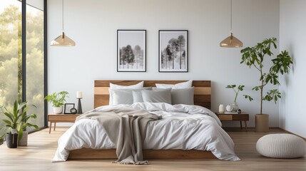 A minimalist bedroom with crisp white walls and soft gray bedding