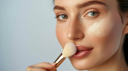 Closeup portrait of a woman applying dry cosmetic tonal foundation on the face using makeup brush