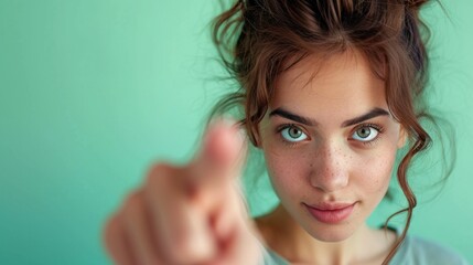 Angry woman pointing finger camera, picking person, inviting you team