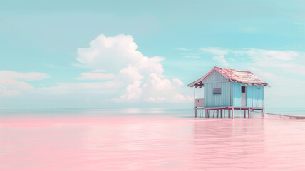 pink beach house on a beach with clouds and pink sky