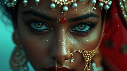 Woman wearing traditional jewellery on her face. She looks elegant and confident as she poses for the camera. Her face is captivating, with expressive eyes