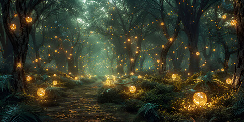 A dark forest with lights in the dark 