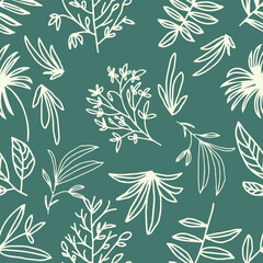 seamless pattern abstract floral background with leaves, hand drawing outline color.