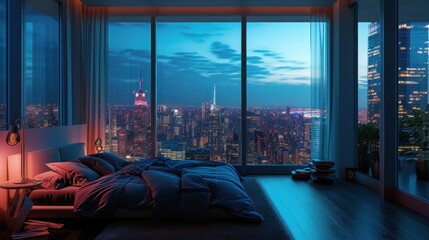 Comfortable unmade bed with pillow and crumpled blanket and panoramic window with city view in evening at cozy hotel room.