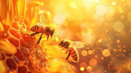 Honey bees store nectar on honeycombs. Wax, perga pollen and honey - obrazy, fototapety, plakaty