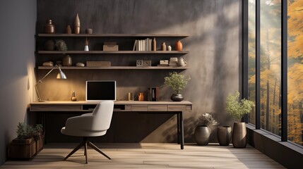 A minimalist home office space with light mist accent wall and dark mystery desk