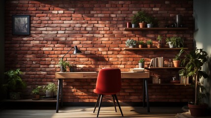 A minimalist home office space with soft terracotta accent wall and dark brick desk - obrazy, fototapety, plakaty