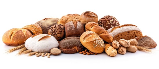 A variety of bread types displayed on a white background, showcasing staple foods like baked goods made from natural ingredients like nuts and dried fruits