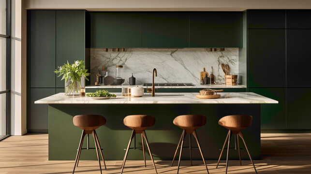 A sleek kitchen with handle-less cabinets, a marble backsplash, and vibrant green bar stools.