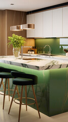 A sleek kitchen with handle-less cabinets, a marble countertop, and vibrant green bar stools.