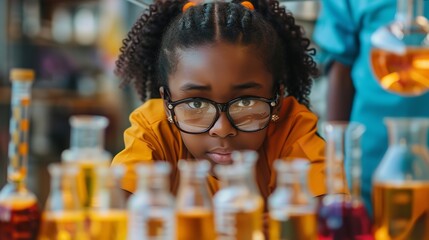 Portrait of an African young  girl posing in chemistry lab with a big empty space for text or product, Generative AI.