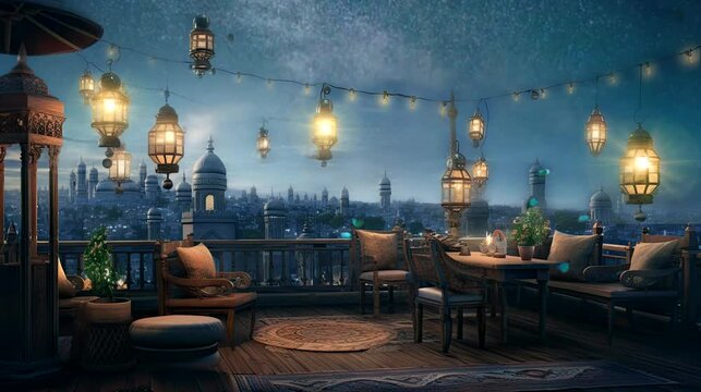 a warm and inviting wallpaper capturing the essence of a Ramadan iftar scene on a rooftop with beautifully lit lanterns. seamless looping time-lapse virtual 4k video animation background