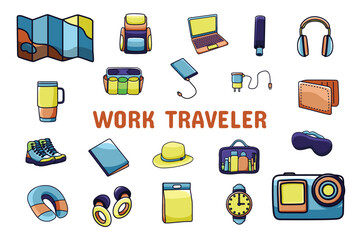Work Traveler Lineal Color Vector Illustration Icon Sticker Set Design Materials