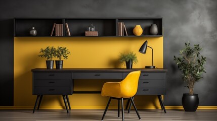 A minimalist home office space with light yellow accent wall and ebony black desk