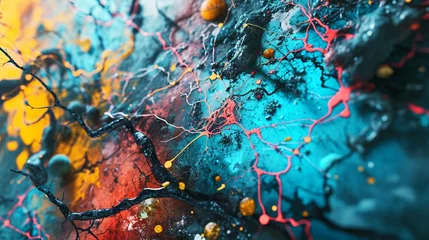  A surreal scene of a mind map, with colorful pathways and connections emerging from a faulted, abstract background. © colorful imagination