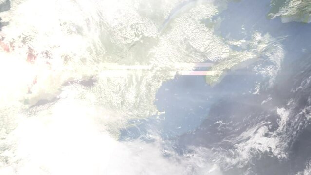 Earth zoom in from space and focus on Sanford, Maine, USA. 3D Animation. Satellite view. Background for travel intro. Images from NASA