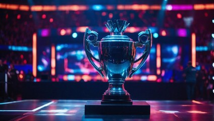 esports winner trophy standing on the stage in the middle of the arena of the computer video game...