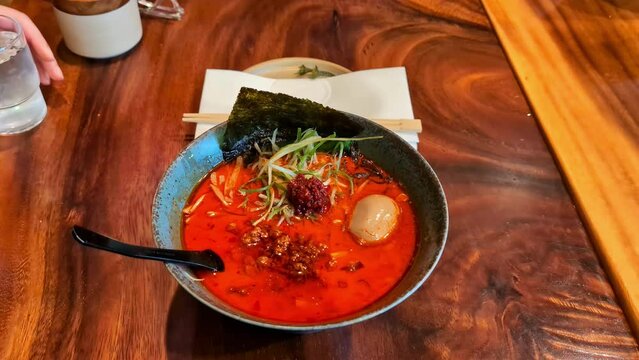 Traditional Japanese meal soup red miso soup with seaweed and egg