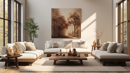 Fototapeta na wymiar A minimalist living room with light white walls and dark chocolate accent furniture