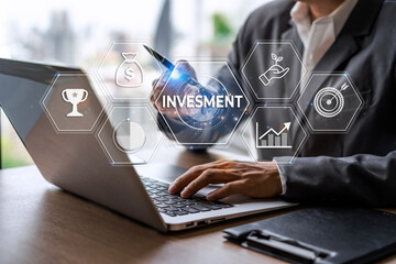 Businessman with a modern visual screen global network connection Graph analyzing financial growth...