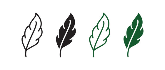 Bird Feather Glyph and Outline Pictogram Set. Ink Pen for Calligraphy Write. Fluffy Smooth Quill Black and Green Symbol. Lightweight Natural Quill. Light Weight Feather. Isolated Vector Illustration.